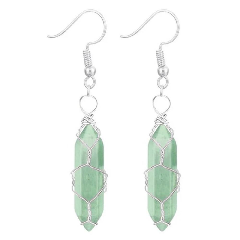 Retail $30 Silver Wire & Aventurine Crystal Hexagon Prism Hook Earrings*NEW